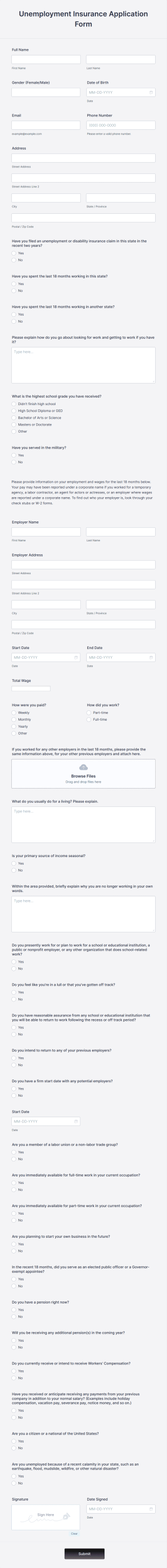 Unemployment Insurance Application Form Template