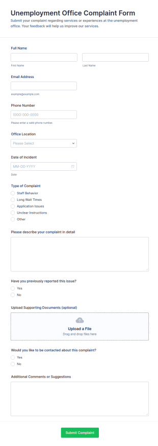 Unemployment Office Complaint Form Template
