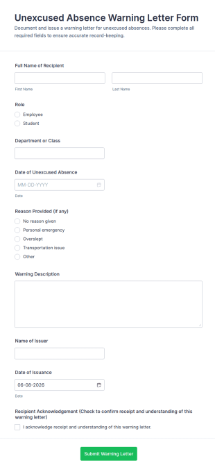Unexcused Absence Warning Letter Form Template