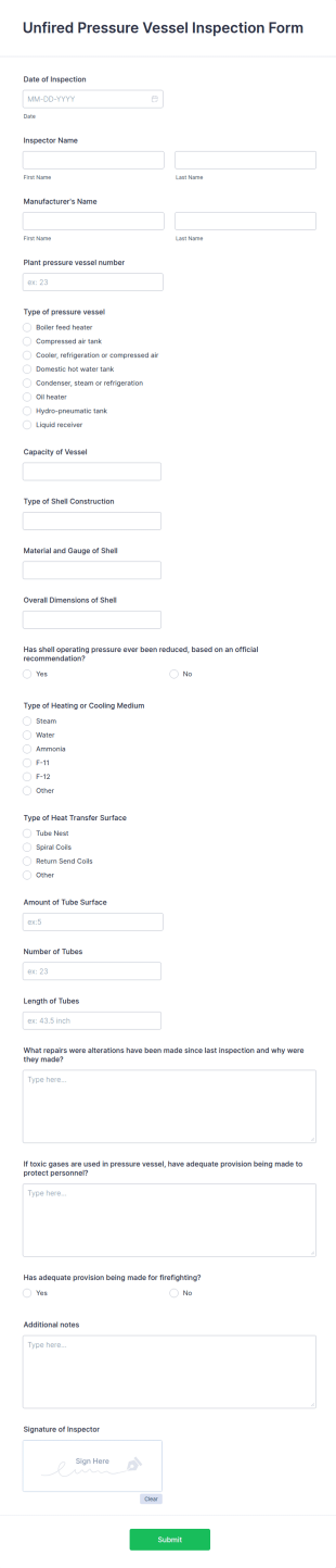 Unfired Pressure Vessel Inspection Form Template