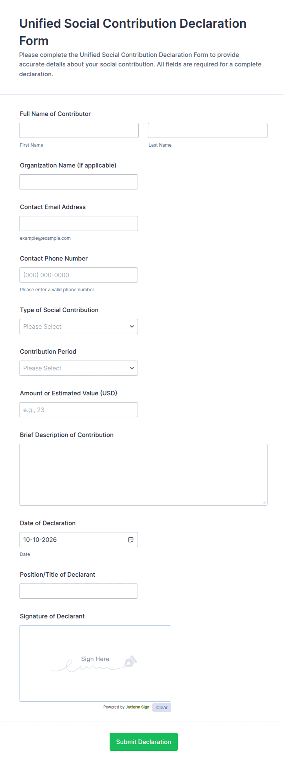 Unified Social Contribution Declaration Form Template | Jotform