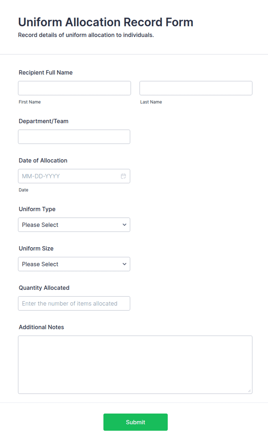 Daily Allocation Form Uniform Allocation Record Form Template | Jotform