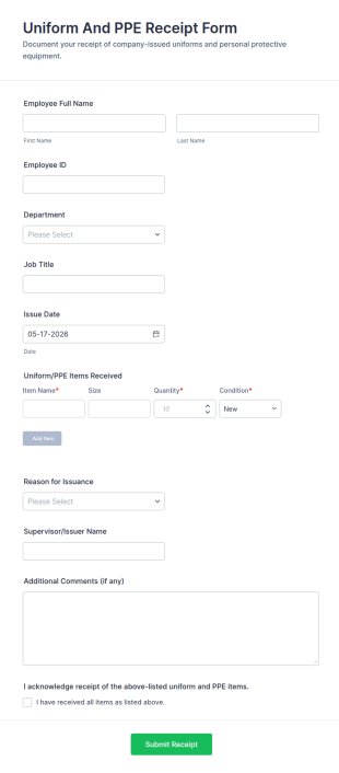 Uniform And PPE Receipt Form Template