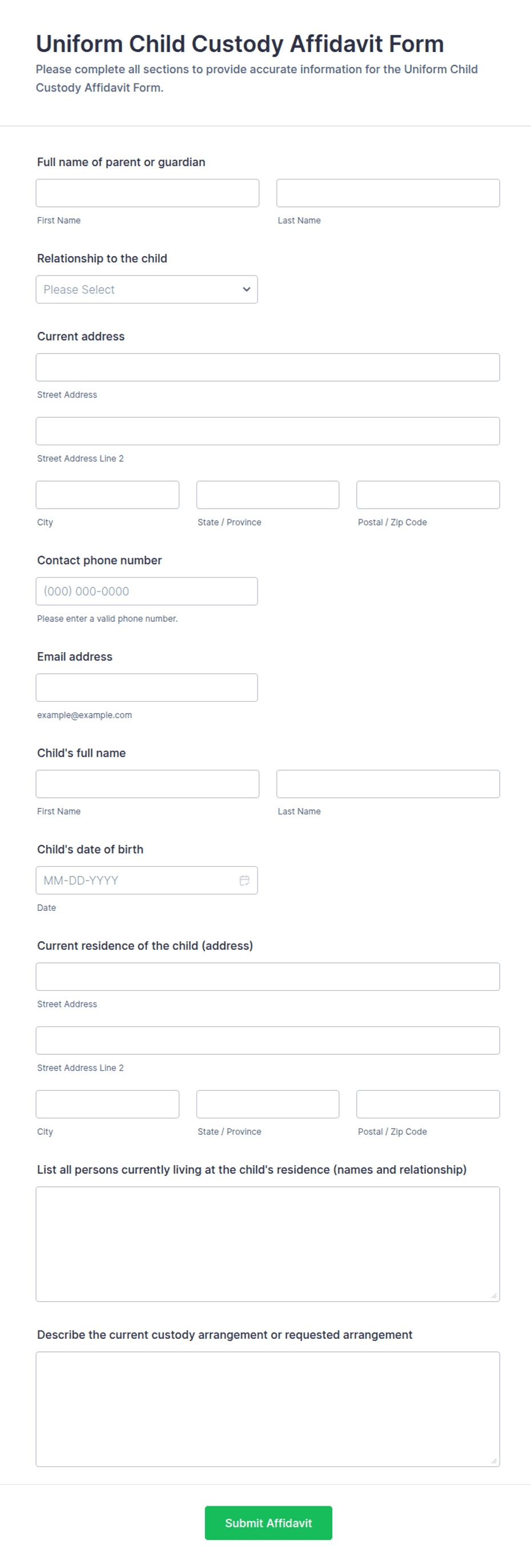 Uniform Child Custody Affidavit Form Template | Jotform