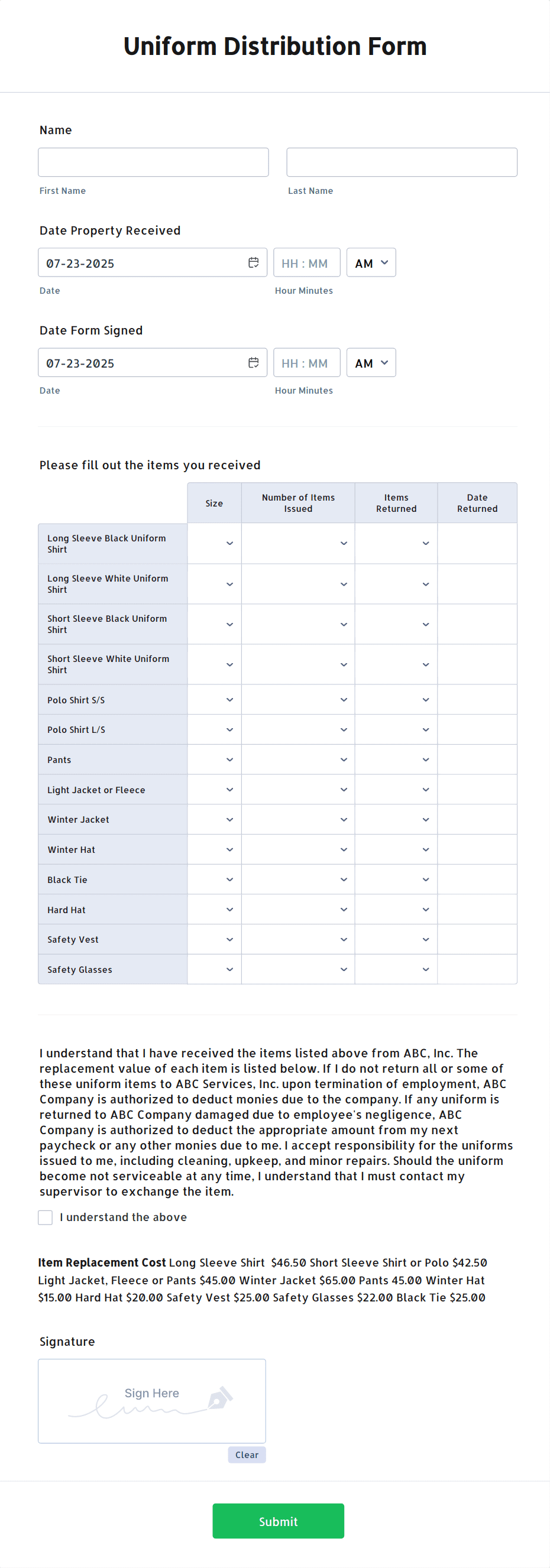 Uniform Distribution Form Template | Jotform