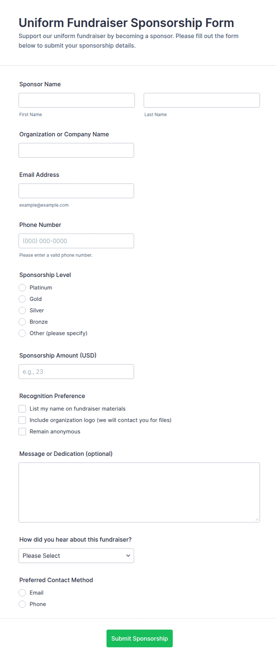 Uniform Fundraiser Sponsorship Form Template | Jotform