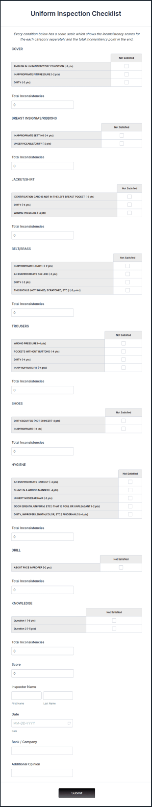 Uniform Inspection Checklist Form Template