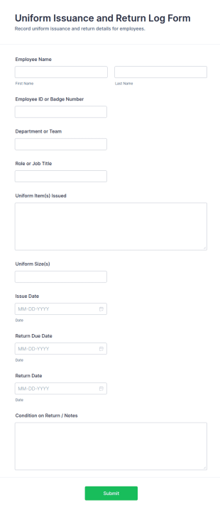 Uniform Issuance And Return Log Form Template