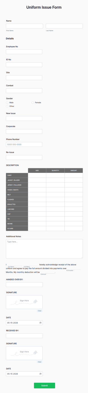 Uniform Issue Form Template