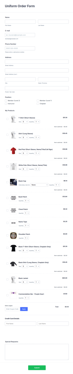 Uniform Order Form Template