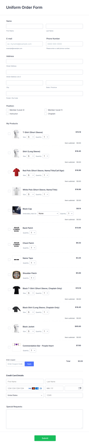 Uniform Order Form Template
