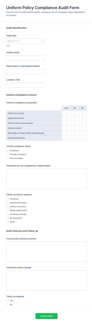Uniform Policy Compliance Audit Checklist Form Template