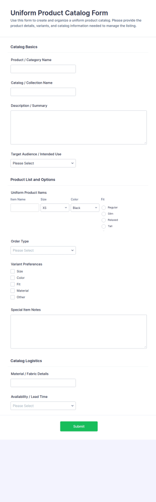 Uniform Product Catalog Form Template