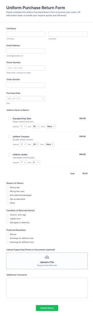 Uniform Purchase Return Form Template