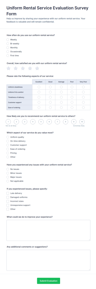 Uniform Rental Service Evaluation Survey Form Template