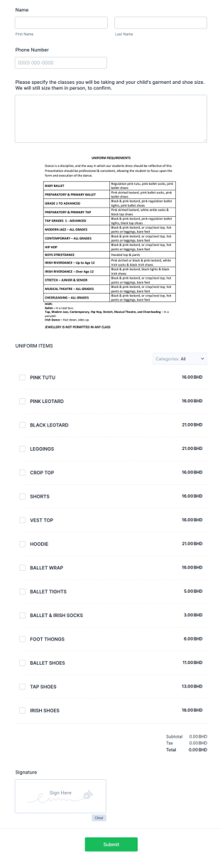 Ballet Uniform Request Form Template