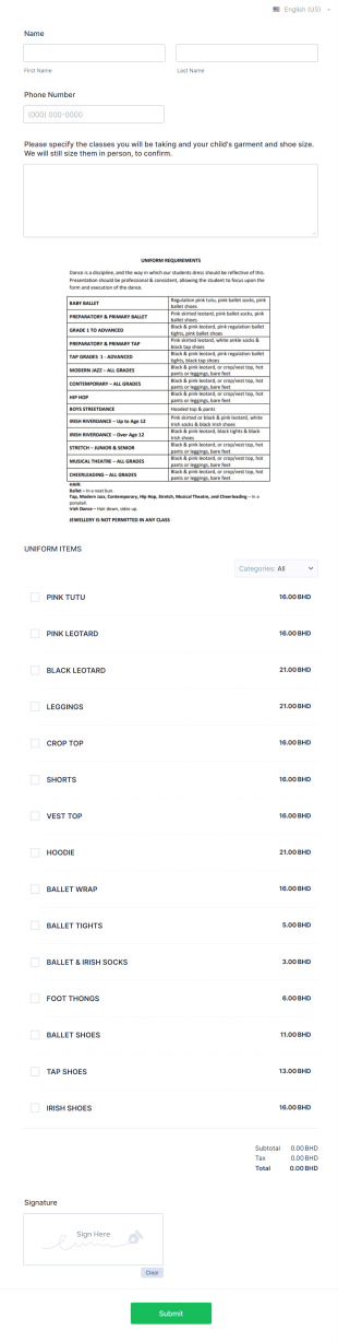 Ballet Uniform Request Form Template