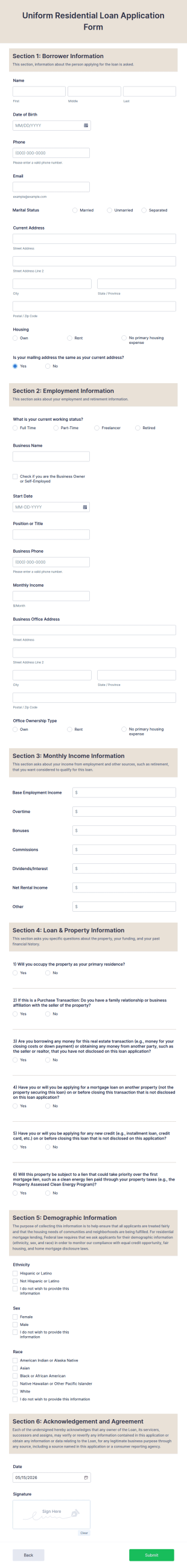Uniform Residential Loan Application Form Template
