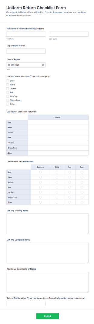 Uniform Return Checklist Form Template