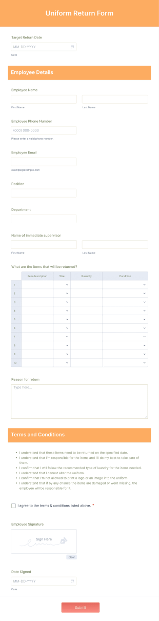 Uniform Return Form Template