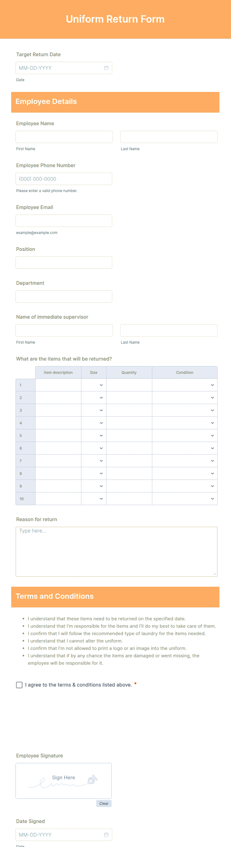 Patch Return Sheet.pdf Uniform Return Form Template | Jotform