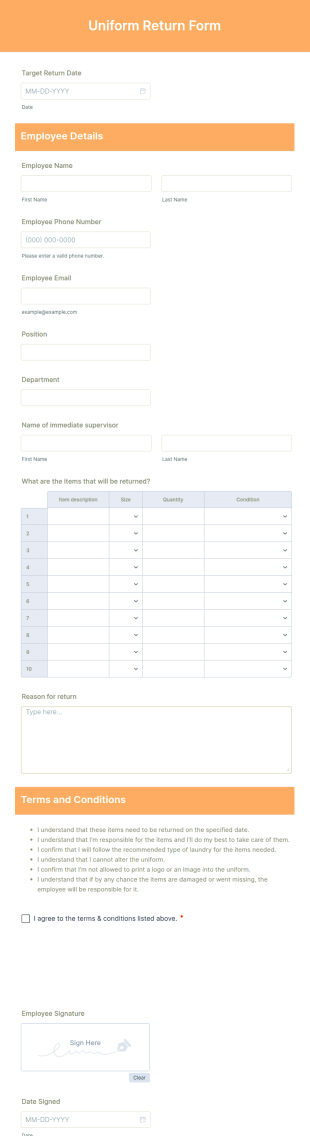 Uniform Return Form Template