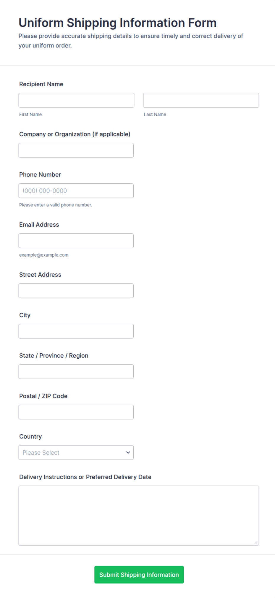 Uniform Shipping Information Form Template | Jotform