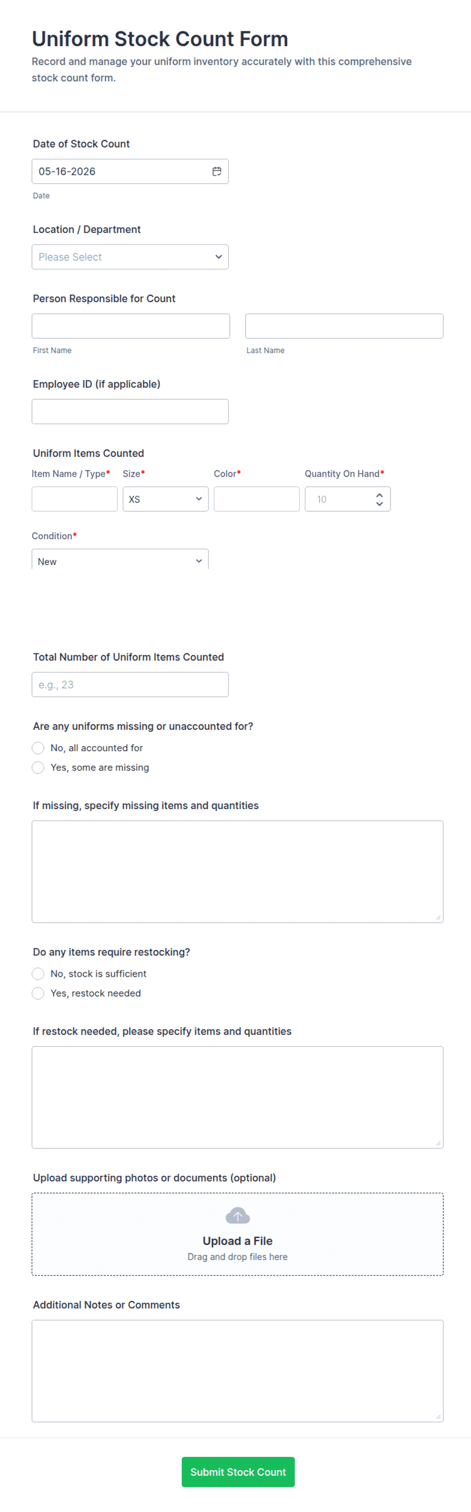Uniform Stock Count Form Template | Jotform