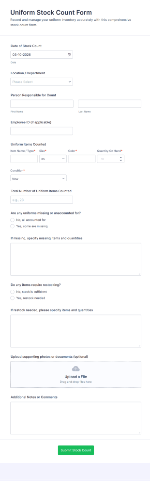 Uniform Stock Count Form Template