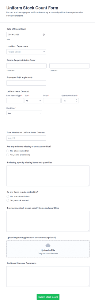 Uniform Stock Count Form Template