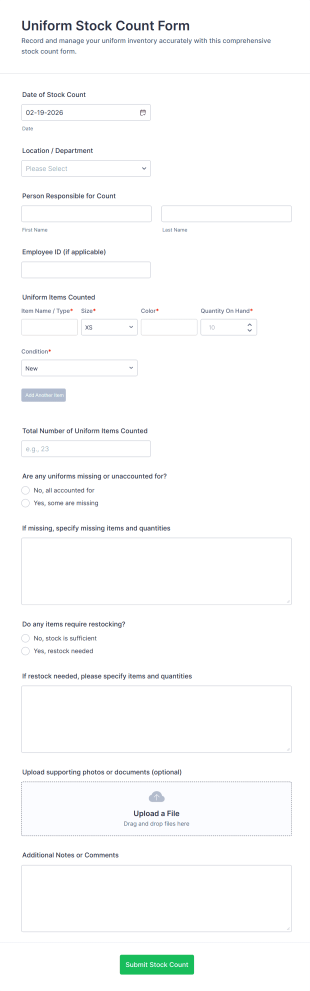 Uniform Stock Count Form Template