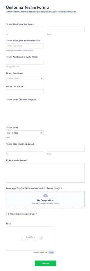 Üniforma Teslim Form Şablonu