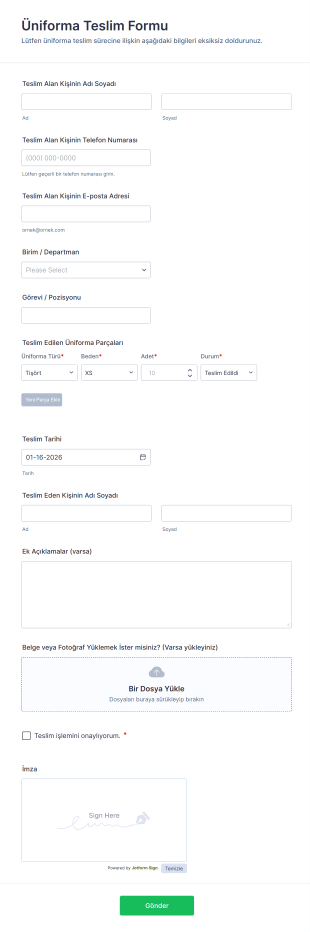 Üniforma Teslim Form Şablonu