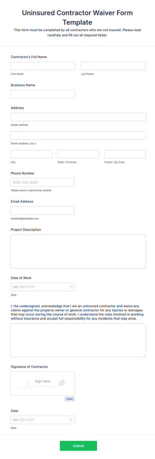 Uninsured Contractor Waiver Form Template