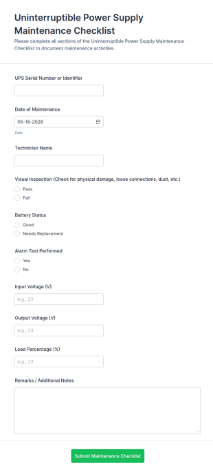 Uninterruptible Power Supply Maintenance Checklist Form Template