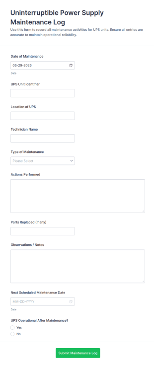 Uninterruptible Power Supply Maintenance Log Form Template