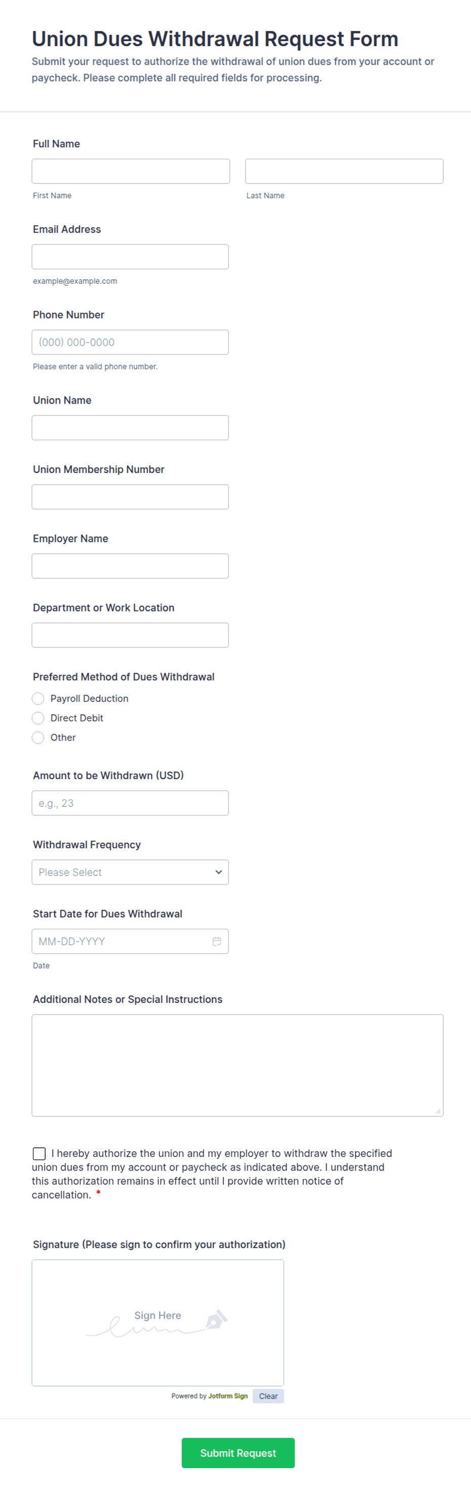 Union Dues Withdrawal Request Form Template | Jotform