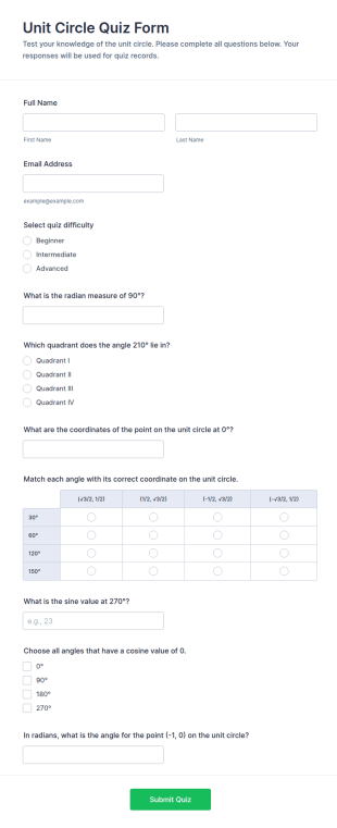 Unit Circle Quiz Form Template