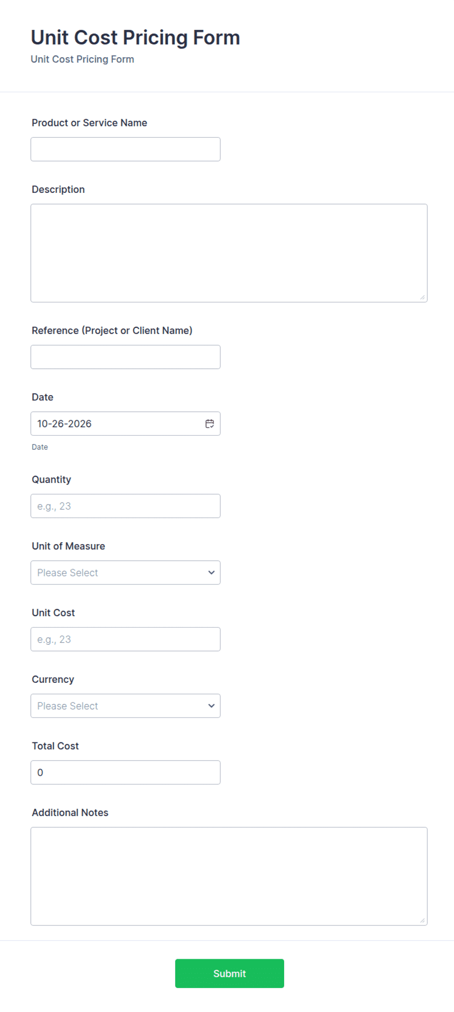 Unit Cost Pricing Form Template | Jotform