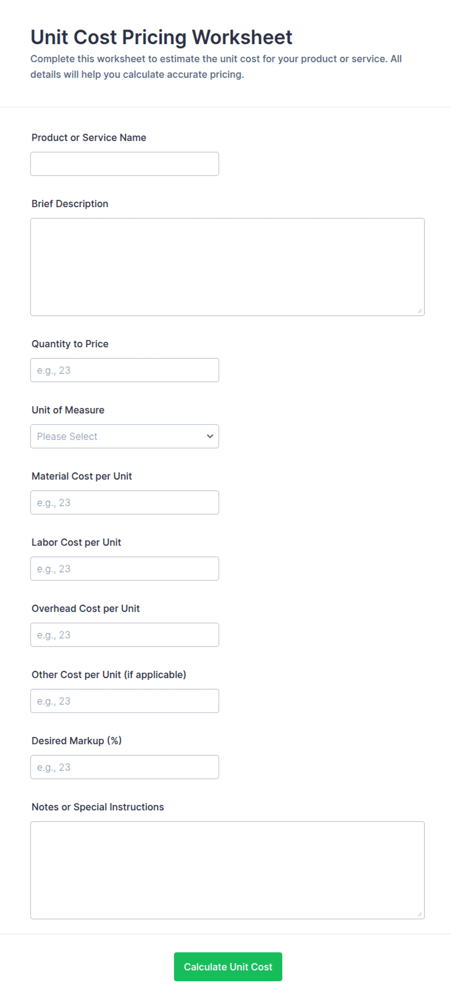 Unit Cost Pricing Worksheet Form Template | Jotform