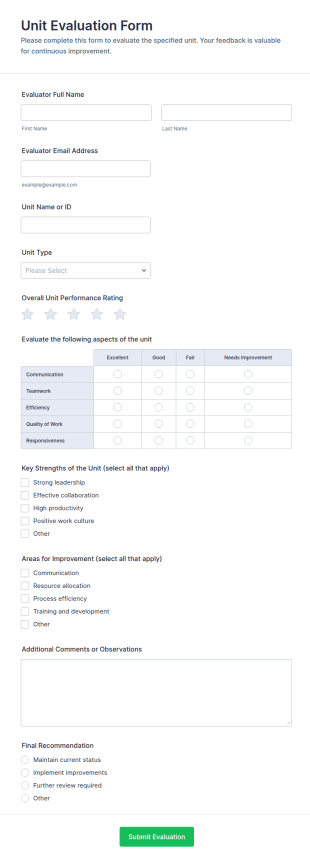 Unit Evaluation Form Template