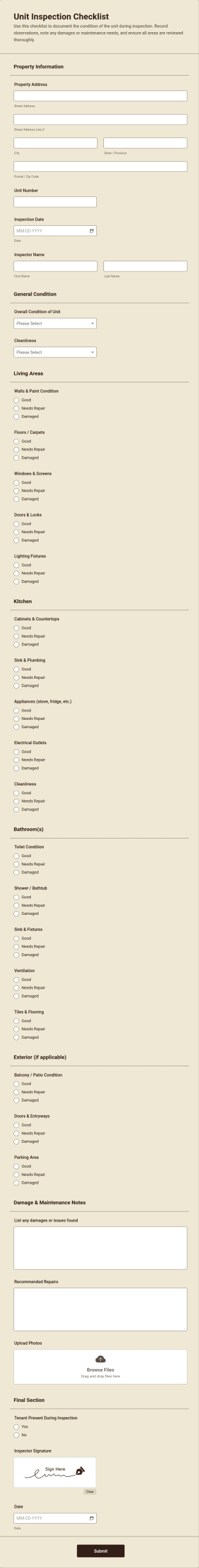 Unit Inspection Checklist Form Template