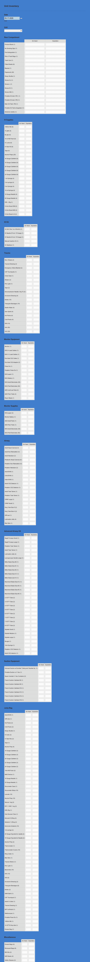 Unit Inventory Form Template