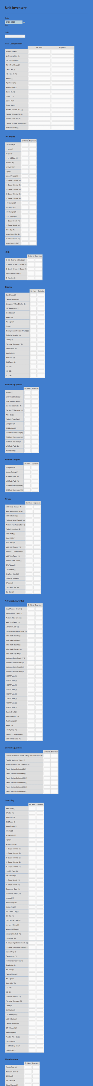Unit Inventory Form Template