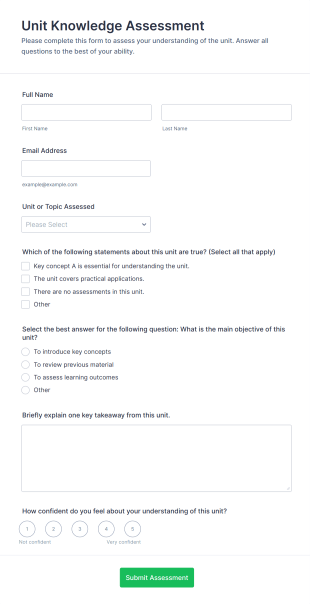 Unit Knowledge Assessment Form Template