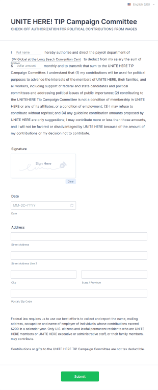 UNITE HERE! TIP Campaign Committee Form Template