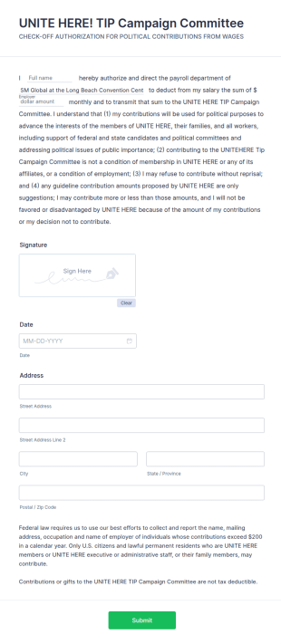 UNITE HERE! TIP Campaign Committee Form Template