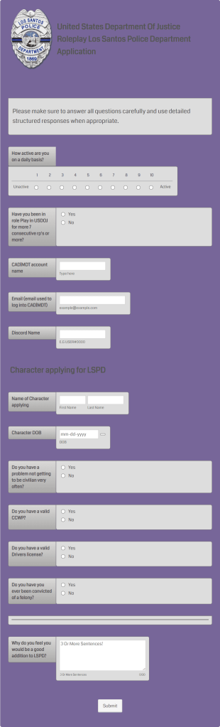Police Department Roleplay Application Form Template