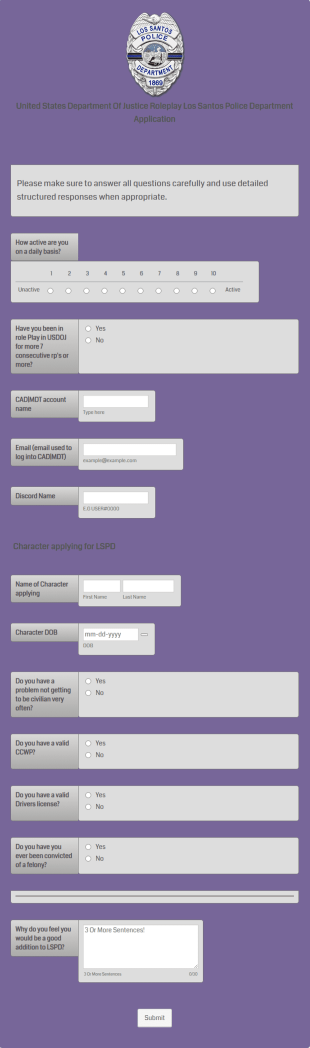 Police Department Roleplay Application Form Template