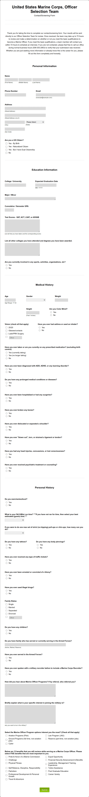 United States Marine Corps, Officer Selection Team Form Template